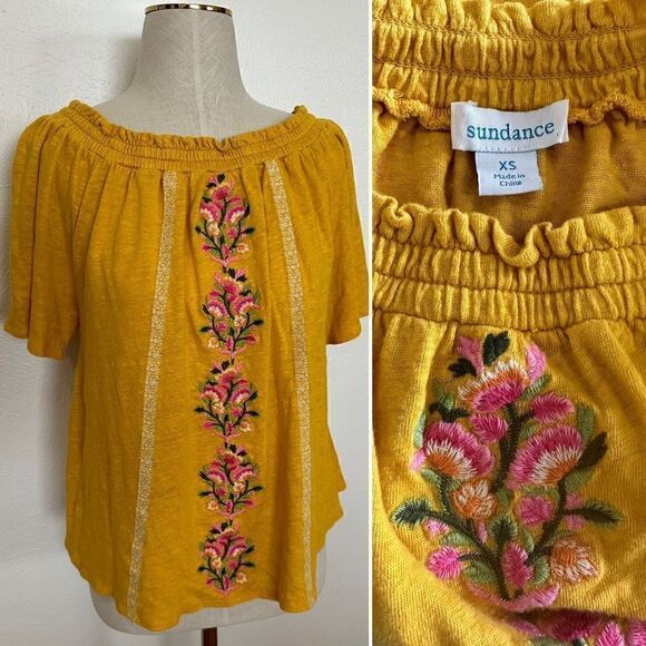 Sundance 100% Linen Yellow Embroidered "Dancing Garden Top" XS - Picture 2 of 3
